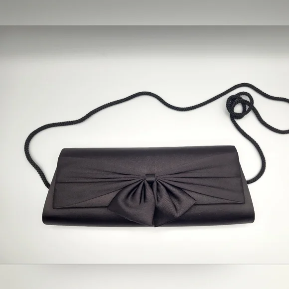 Vintage Le Château Black Satin Evening Clutch Bag w Bow | Formal Prom Wedding - Picture 1 of 16